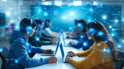 Cohesive group utilizes laptops for web surfing, studying, or working in unison