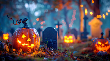 Obraz premium Night scenery with Halloween pumpkins at cemetery.
