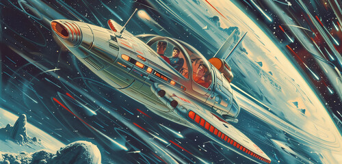 vintage sci-fi magazine cover from the 1930s, reimagined with current AI and space travel concepts.