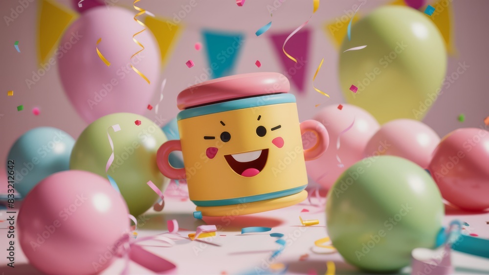 Poster A cup with a smiley face on it surrounded by balloons, AI