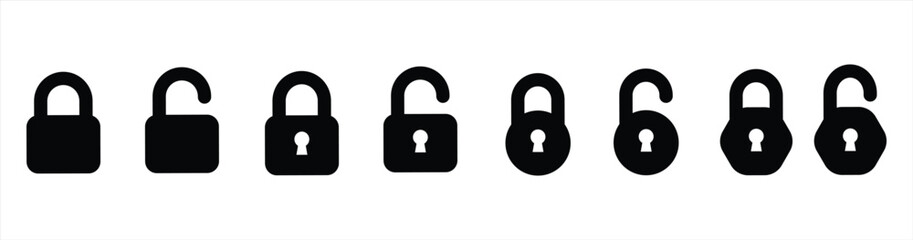 Locks icons set. Padlock flat icon set. Locked and unlocked vector icon set. Lock symbol isolated on transparent background. Padlock symbol. Privacy symbol vector stock illustration.