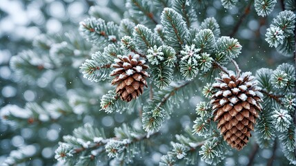 Frosted pine branch with snow-covered cones in soft light. Trees. Snow. Frost. Winter. Green. Brown. Nature. Forest. 1