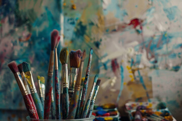 Fototapeta premium Array of Paintbrushes with Colorful Bristles in Artistic Studio