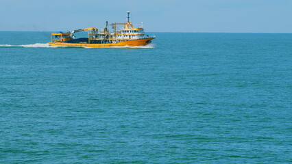 Fishing Boat In The Black Sea. Clear Good Weather In Morninng. Real time.