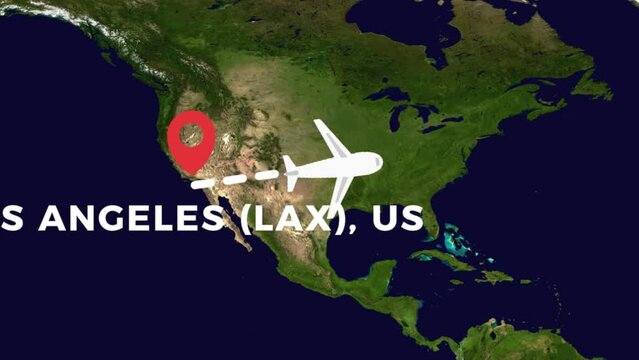 International flight travel route from LOS ANGELES (LAX), US to LONDON HEATHROW (LHR), GB on worlds map in 4K