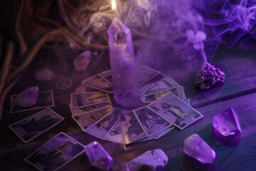 Arcane Ritual with Tarot Cards Laid in a Circle and Crystal Candle