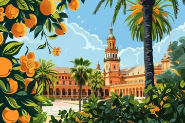 Illustration of Seville city, Spain, world travel