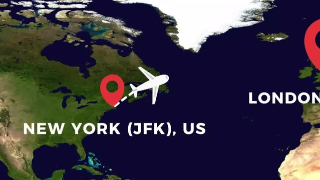 International flight travel route from NEW YORK (JFK), US to LONDON HEATHROW (LHR), GB on worlds map in 4K