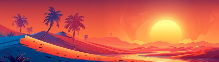 Fototapeta premium The photo shows a beautiful sunset over the ocean. The warm colors of the sky and the palm trees on the beach create a relaxing and peaceful scene.
