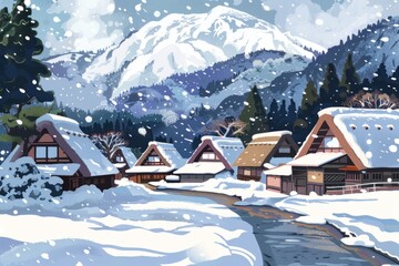 illustration of Shirakawa-Go Village on winter season, Ono District, Gifu Prefecture