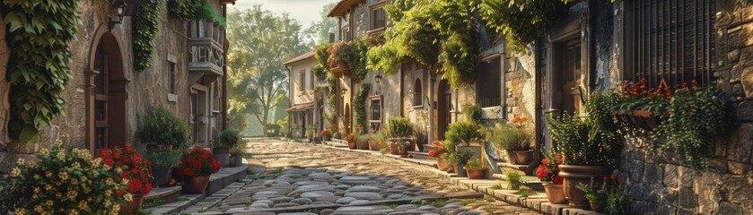 Fototapeta premium Charming narrow street with stone houses and green plants in pots