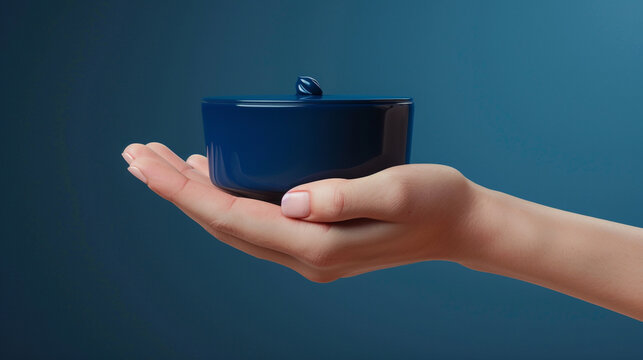 Serene deep blue cream jar in a feminine hand, circular with a twist top.