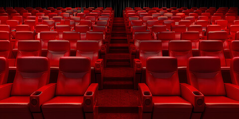An empty movie theater with red seats and a red carpet down the center aisle The theater is lit by spotlights ,movie theater empty auditorium with seats.


