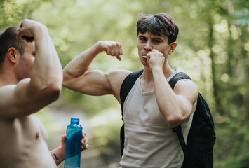 A group of friends flexing muscles during a hiking trip in the forest, capturing the spirit of...