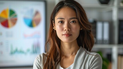 Present an Asian business woman standing beside a presentation screen with a chart, white background
