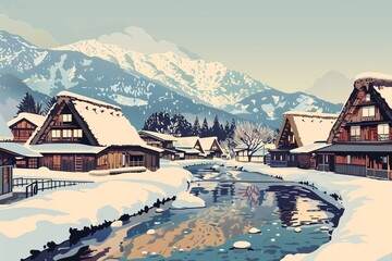 Fototapeta premium illustration of Shirakawa-Go Village on winter season, Ono District, Gifu Prefecture