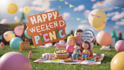 Obraz premium Happy weekend picnic. A group of a family is sitting on the grass with balloons, AI