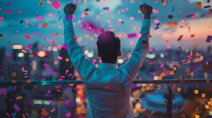 Startup CEO celebrating first funding round success. Man celebrates success on a rooftop with city view, arms raised in triumph amidst colorful confetti during twilight.