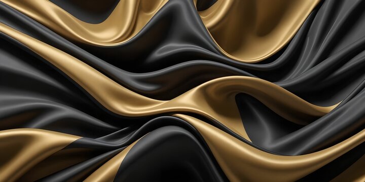 an abstract black and gold wallpaper, depicting flowing silk sheets with ripples and folds.