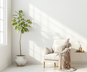 Minimalist cosy interiors composition with minimal furniture and neutral tones. Residential interior design composition in neutral tones.