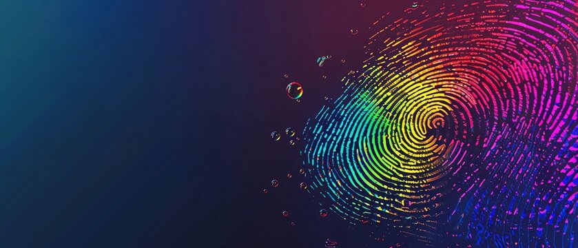 Biometric fingerprint in rainbow colors representing unique identity and LGBT pride, ideal for Pride Month and highlighting unique identities within the LGBTQIA community