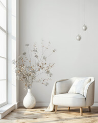 Minimalist cosy interiors composition with minimal furniture and neutral tones. Residential interior design composition in neutral tones.