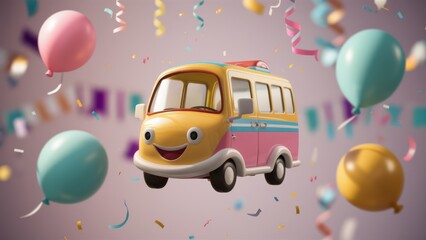 A cartoon bus is surrounded by confetti and balloons, AI