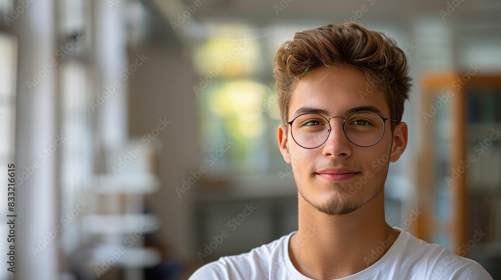 Sticker Professional portrait of a young man with glasses, copy space