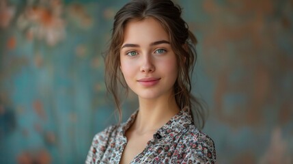 Naklejka premium Professional portrait of a young woman in a patterned blouse, copy space