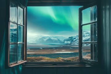 Fototapeta premium View of Iceland's Nature landscape from a hotel window with aurora 