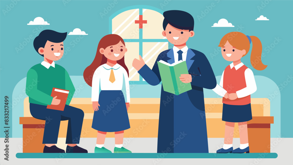 Poster two students stand at the front of the class roleplaying a mock confirmation ceremony as their class