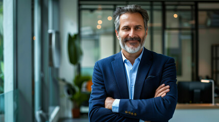 Smiling man in an office suit in a modern office office. Stately male office employee with crossed arms indoors.