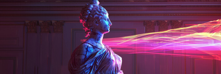 A statue of a woman with a purple robe and a blue headdress