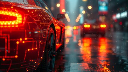 Red sports car tail lights illuminate a wet city street at night.