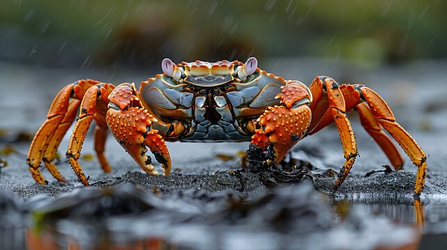 Edible crab (Cancer pagurus) on sand covered with algi during low tide 