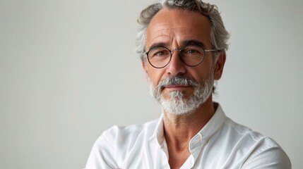 Fototapeta premium Professional portrait on a white background of a male psychiatrist with a comforting presence, copy space