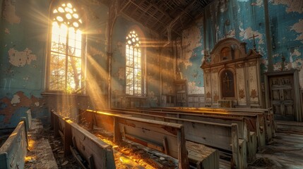 Abandoned church pews whisper tales of a bygone era 