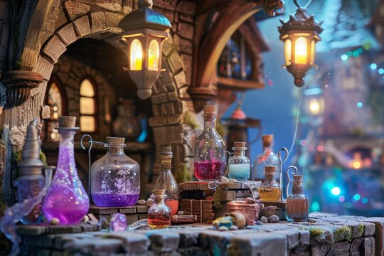 A fantasy castle laboratory with bubble potions and magic experiments is in progress.