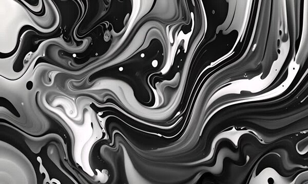 Beautiful Black and White Liquid Swirls with White Particles. Modern Marbling Background. Generative AI. 4K Video.