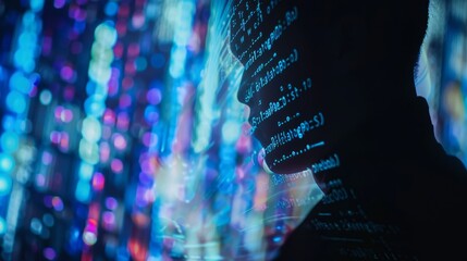 Silhouette of a person with code overlayed on their face, standing in front of a colorful blurred light background.