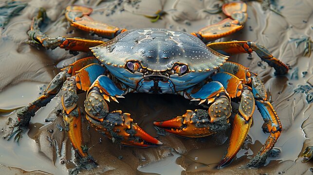 Edible crab (Cancer pagurus) on sand covered with algi during low tide 