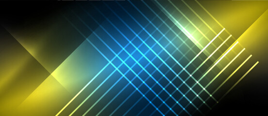 Neon dynamic diagonal light rays background. Techno digital geometric concept design for wallpaper, banner, presentation, background