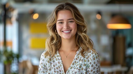 Obraz premium Professional woman smiling in a colorful, open office spac