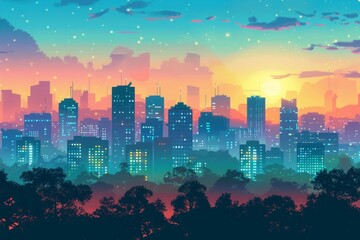 Obraz premium Cityscape in blue and green colors with pink clouds and yellow sun.