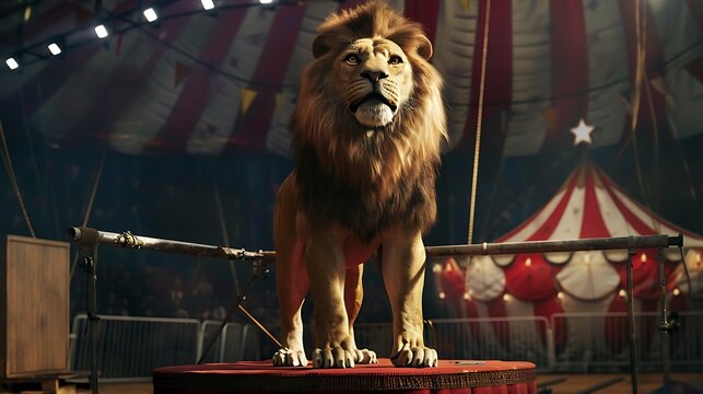 Lion standing while perform at the circus acts arena