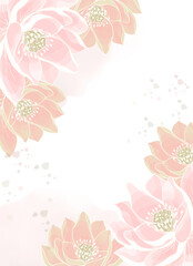 Oriental style pink background with delicate lotus flowers and watercolor splashes. Template of delicate watercolor background for designs.