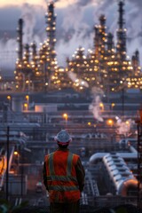 A worker gazes at the sprawling refinery complex at dusk