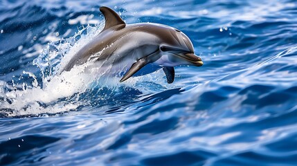 Fototapeta premium Dolphin playing and jumping on the wavy blue ocean
