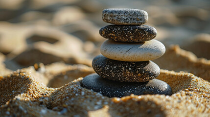A Contemporary Balance Zen Stones In Sand On Bokeh Blur Background