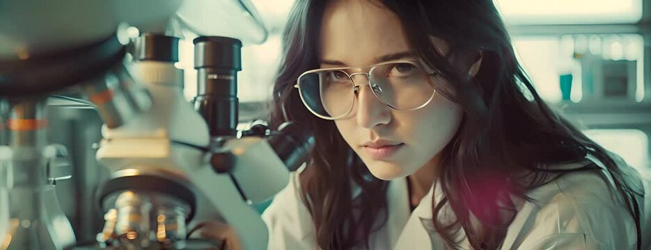 crop focused female scientist with long dark hair in white robe and glasses using microscope while making research in contemporary lab 4K Video.